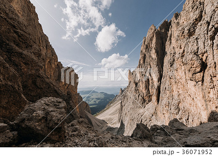 Rocky mountainscape at Sella Pass, Dolomites, Italy 36071952