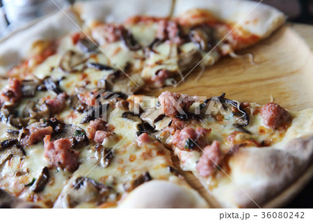 Pizza mushroom and sausage , Italian food 36080242