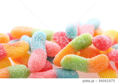 Colorful gummy jelly sugar candies close up isolated in white background 36081075