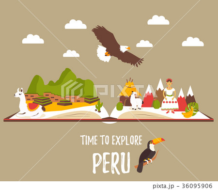 Tourist poster of Peru with lamas, landmarks 36095906