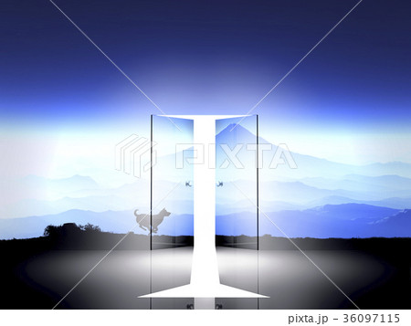 光が差し込むドアと富士山の日の出と犬のシルエットのイラスト素材