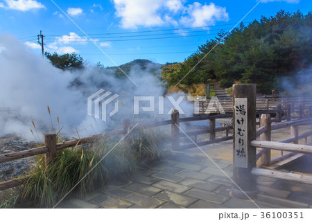 雲仙地獄と紅葉　湯けむり橋　長崎 36100351