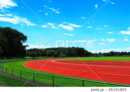 新座市総合運動公園の陸上競技場の真夏の風景の写真素材