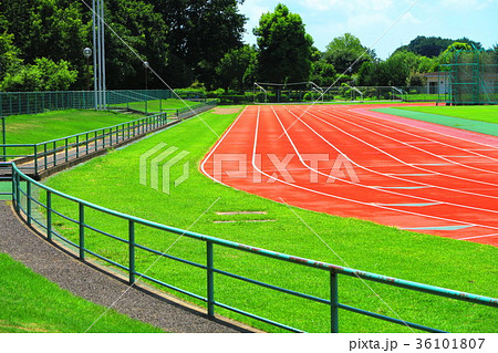 新座市総合運動公園の陸上競技場の真夏の風景の写真素材