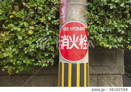 電柱に貼り付けた消火栓の表示看板 36102598