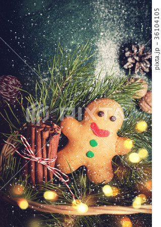 Christmas card with gingerbread man and coniferous Christmas card with gingerbread man and coniferous 36104105
