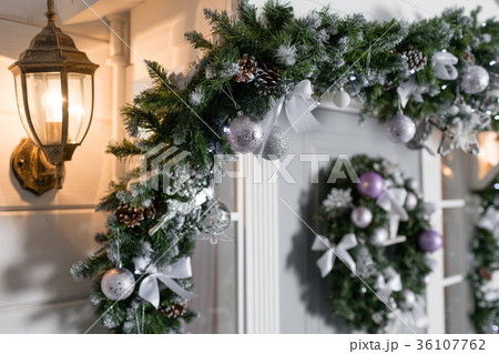 house entrance decorated for holidays. Christmas house entrance decorated for holidays. Christmas 36107762