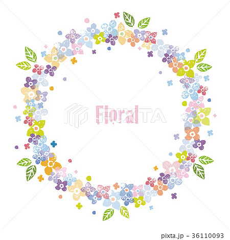 カラフルな花飾りのリース 円形飾り枠デザインのイラスト素材