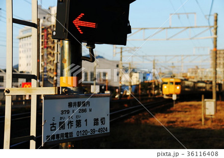 山口県　柳井　川と白壁のある街の踏切 36116408