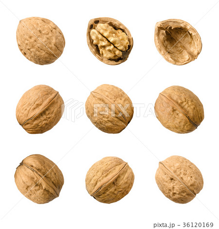 Walnuts, whole and opened, isolated over white 36120169