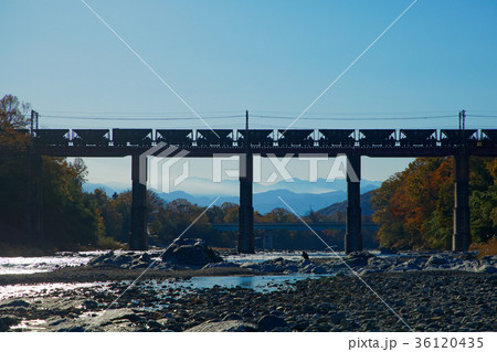 秩父鉄道の貨物列車と鉄橋　荒川橋梁　秩父本線 36120435