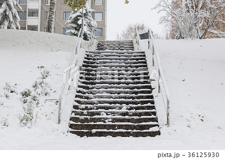 Slippery stairs after first snow in park Slippery stairs after first snow in park 36125930