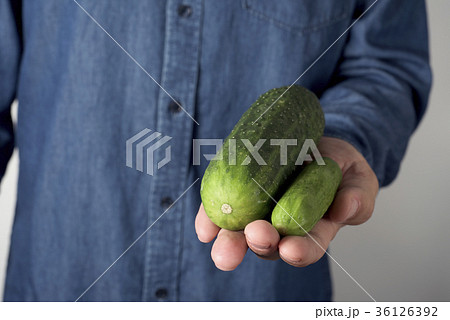 big and small cucumber in the hand of a man 36126392