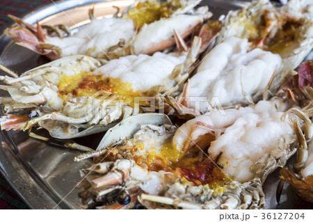 Close up the shrimp river burned on stainless tray Close up the shrimp river burned on stainless tray 36127204