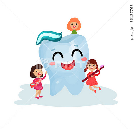 Sweet little girls cleaning giant smiling tooth Sweet little girls cleaning giant smiling tooth 36127768