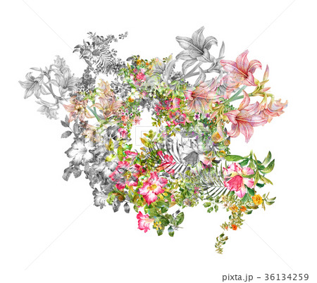 watercolor painting of leaves and flower, on white 36134259