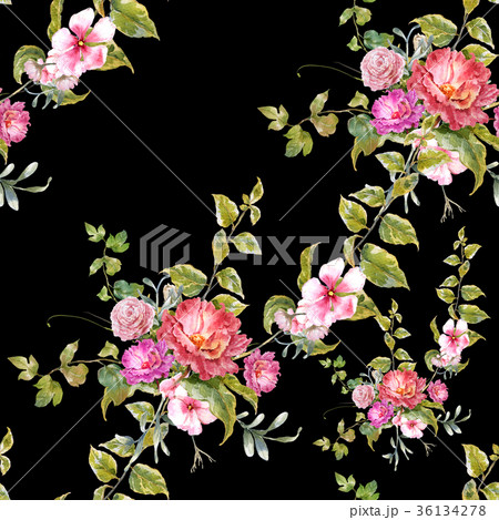 Watercolor painting of leaf and flowers pattern 36134278