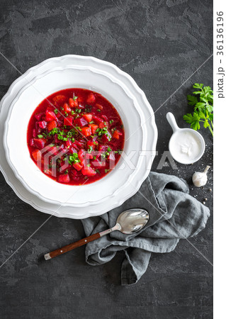 Vegetarian hot diet beetroot soup with vegetables Vegetarian hot diet beetroot soup with vegetables 36136196