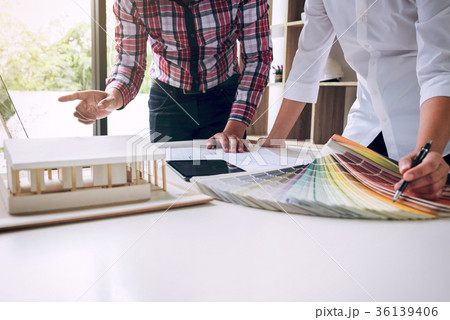 Two interior design or graphic designer at work on project of ar Two interior design or graphic designer at work on project of ar 36139406