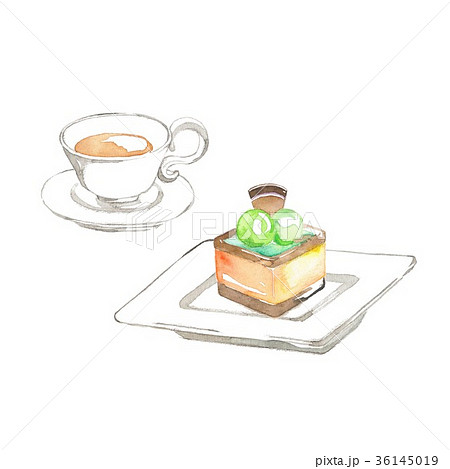 紅茶とグリーンのスクエアケーキのイラスト素材