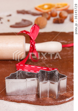Cookie cutters, rolling pin and ingredients Cookie cutters, rolling pin and ingredients 36145729