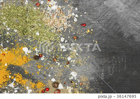 Various spices on a black background. Top view Various spices on a black background. Top view 36147695