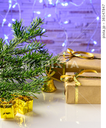 Christmas festive card with fir branches and decor 36147847