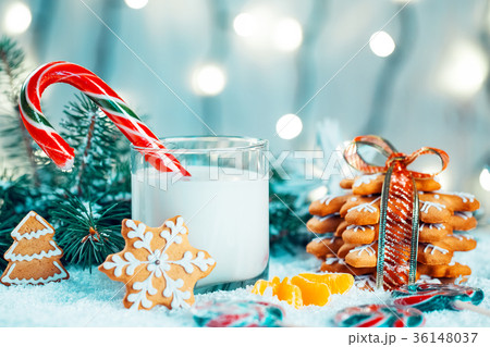 Christmas gingerbread and milk with decorations 36148037