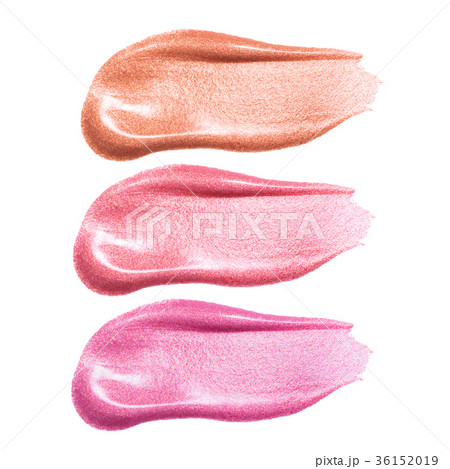 Set of different lip glosses smear samples isolated on white. Smudged makeup product sample. Set of different lip glosses smear samples isolated on white. Smudged makeup product sample. 36152019