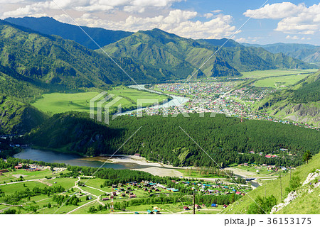 View of Chemal village from mountain Camel. Altai  36153175