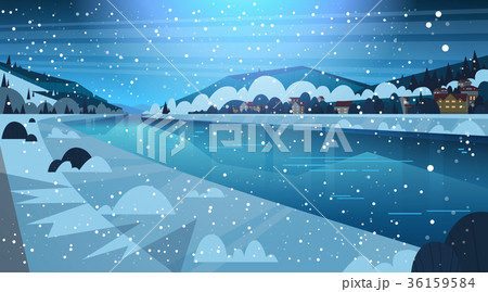 Frozen River Night View With Small Country Houses 36159584