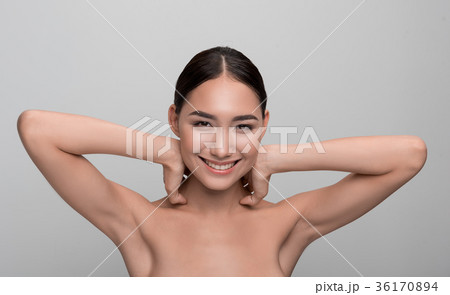 Optimistic cute woman is expressing gladness 36170894
