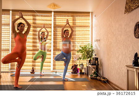 Interested young pregnant women doing yoga 36172615