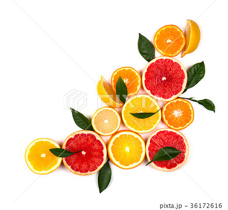 Isolated citrus fruits. Pieces of lemon, lime 36172616