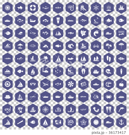 100 sea icons hexagon purple 36173417