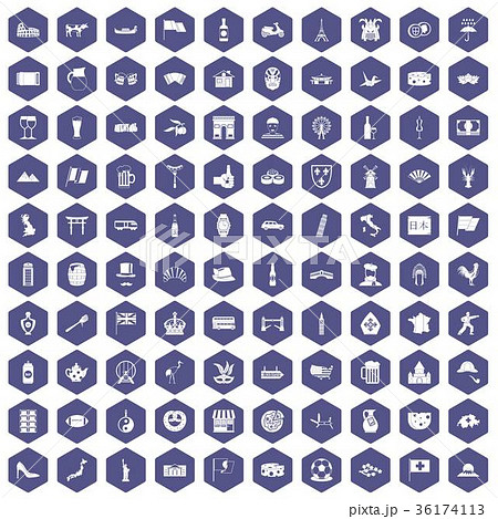 100 tourist attractions icons hexagon purple 36174113