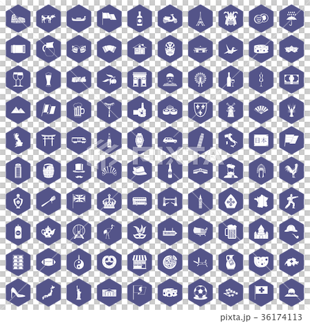 100 tourist attractions icons hexagon purple 36174113
