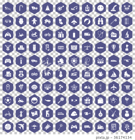 100 toys for kids icons hexagon purple 36174134