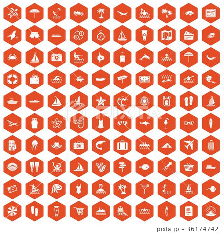 100 beach icons hexagon orange 100 beach icons hexagon orange 36174742