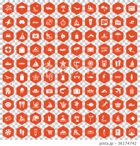 100 beach icons hexagon orange 100 beach icons hexagon orange 36174742