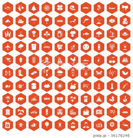 100 Global Warming Icons Hexagon Orangeのイラスト素材