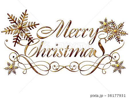 金色のメタリックのレリーフ状の筆記体のメリークリスマスのロゴ アールヌーボー調のオーナメントのイラスト素材 36177931 Pixta