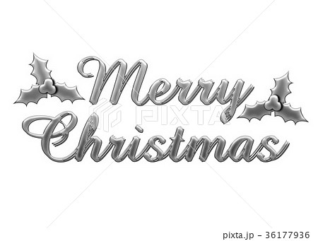銀色のメタリックのレリーフ状の筆記体のメリークリスマスのロゴ アールヌーボー調のオーナメントのイラスト素材