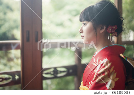 窓辺にいる着物の女性 36189083