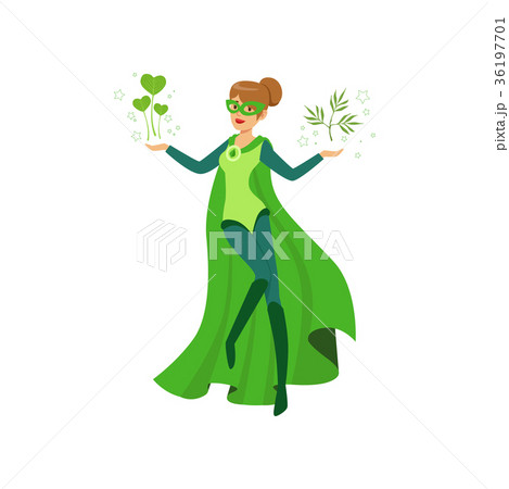 Female eco superhero levitates with green leaves Female eco superhero levitates with green leaves 36197701