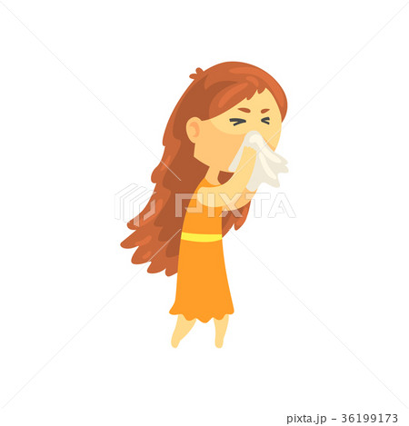 Sick girl with long hair blowing her nose with a 36199173