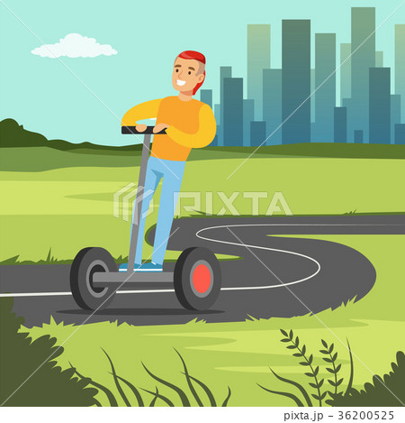 Young smiling man riding on segway scooter on city 36200525