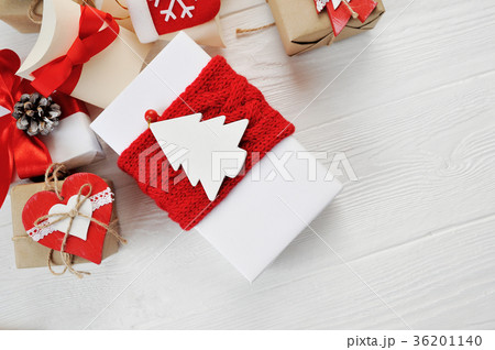 Christmas boxes gift decorated with red bows on a 36201140
