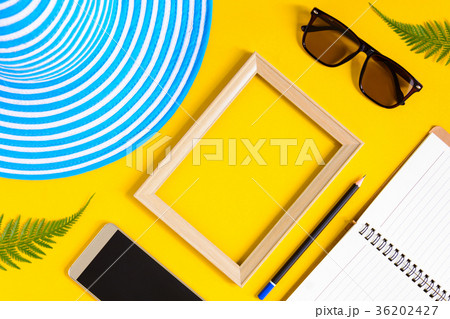 Wooden picture frame and set object vacation Wooden picture frame and set object vacation 36202427
