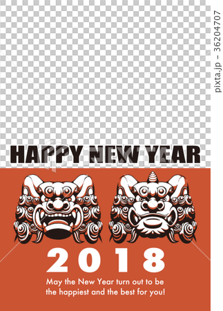 18年賀状テンプレート 狛犬フォトフレーム Hny 英語添え書き付きのイラスト素材